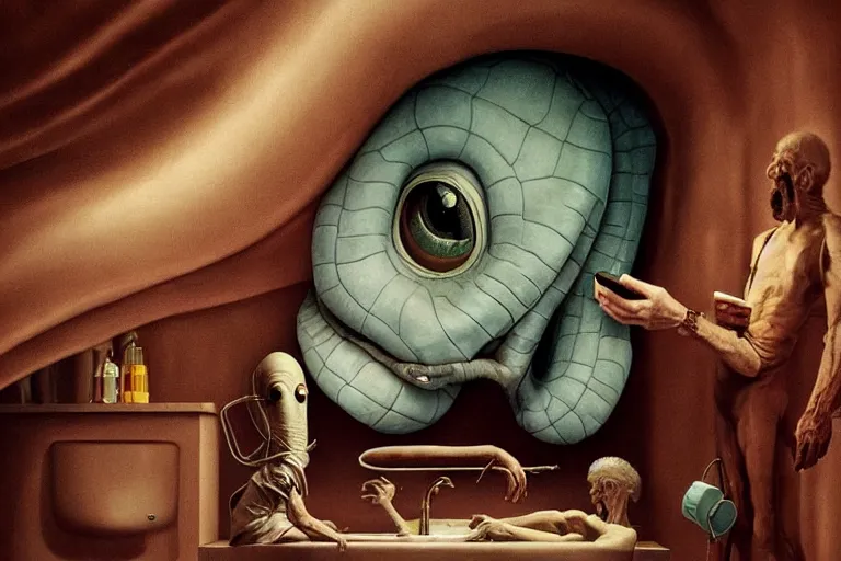 Image similar to hyperrealism aesthetic ridley scott and caravaggio and denis villeneuve style photography of a detailed giant squidward, siting on a detailed ultra huge toilet and scrolling his smartphone in surreal scene from detailed art house movie in style of alejandro jodorowsky and wes anderson