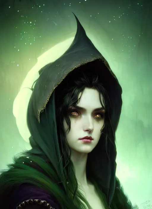 Prompt: close up side portrait dark witch, adventurer outfit large cloak, fantasy forest landscape, big moon, fantasy magic, undercut hairstyle, short green black fade hair, dark light night, intricate, elegant, sharp focus, illustration, highly detailed, digital painting, concept art, matte, art by WLOP and Artgerm and Greg Rutkowski and Alphonse Mucha, masterpiece