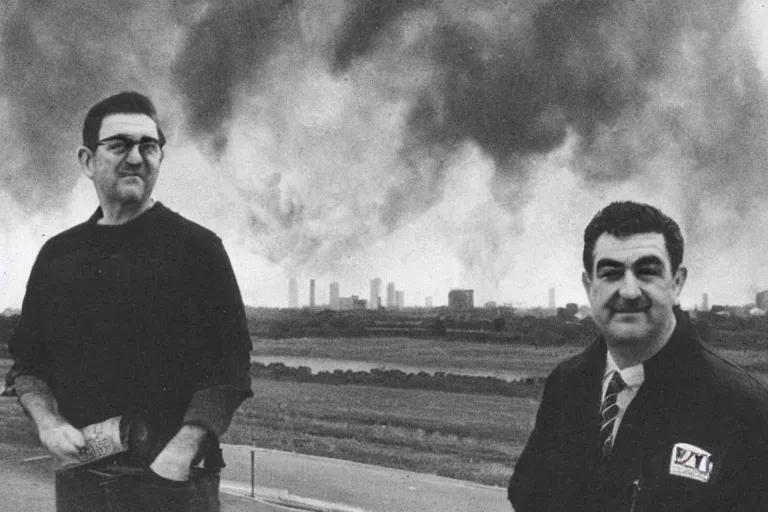 Image similar to a photo of Dan Andrews standing in front of Melbourne as it burns to the ground