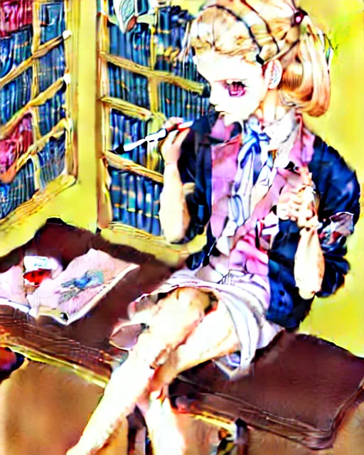 Image similar to illustration depicting a wealthy young mischievous female prep school student with medium length bright blonde hair and pale skin, in an old study room smoking her dad's cigarettes, complex artistic style, color ink pen illustration, subtle detailing, illustrated by Artgerm and Range Murata.