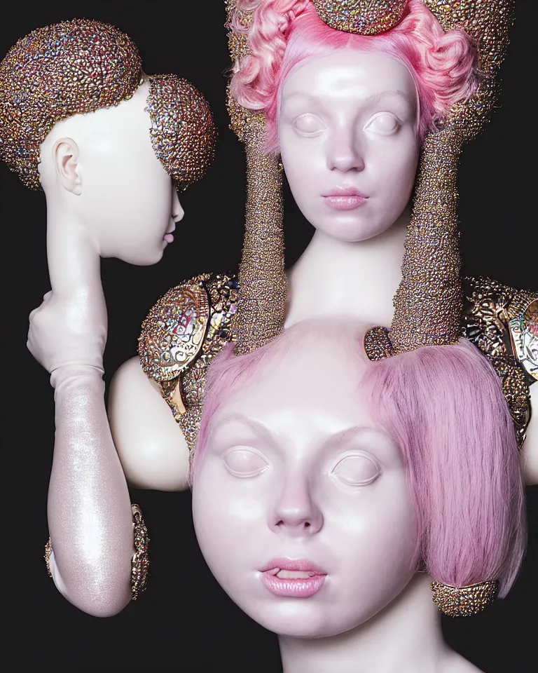 Image similar to portrait of a ethereal byzantine goddess wearing a big pearl studded iridescent beauty mask and pink hair buns, wearing a black bodysuit by alexander mcqueen, cream white background, soft diffused light, biotechnology, humanoid robot, perfectly symmetric, bjork aesthetic, translucent, by rineke dijkstra, intricate details, highly detailed, masterpiece,