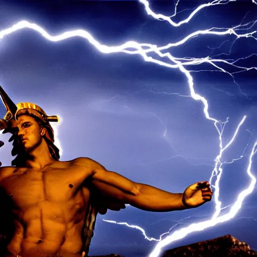 Prompt: Celestial Angel shooting a Lightning Bolt at Zeus, cinematic