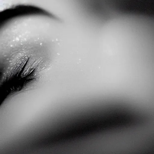 Prompt: black and white fashion photograph, highly detailed portrait of a depressed girl drug dealer lying in bed, detailed face looking into camera, eye contact, natural light, long exposure, rain, mist, lomo, fashion photography, film grain, soft vignette, sigma 85mm f/1.4 1/10 sec shutter, Daren Aronofsky film still promotional image, IMAX 70mm footage