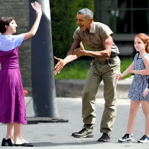 Prompt: paparazzi photo of arya stark high fiving barrack obama