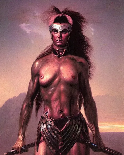 Image similar to a portrait of a muscular female warrior by boris valejo and Thomas Cole and Wayne Barlowe