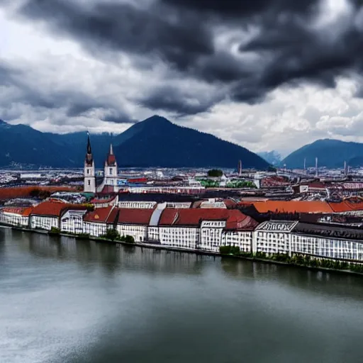 Prompt: munich against a background of mountains with heavy clouds cinematic still 4 k