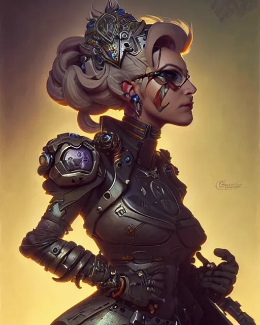 Image similar to junker queen from overwatch, character portrait, concept art, intricate details, highly detailed by greg rutkowski, michael whelan and gustave dore