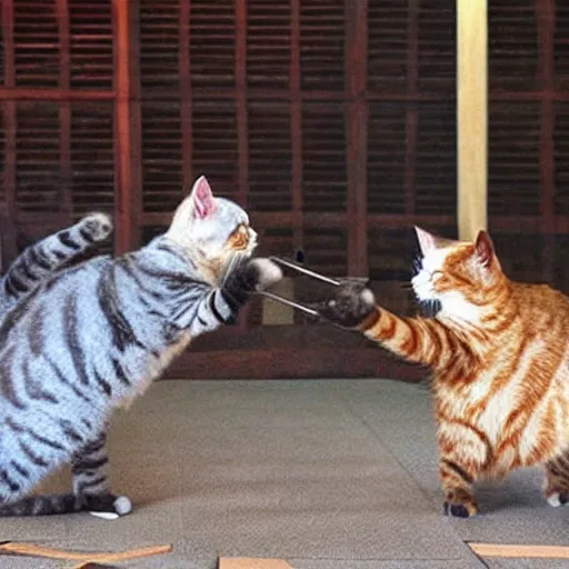 Prompt: cats fighting like samurai