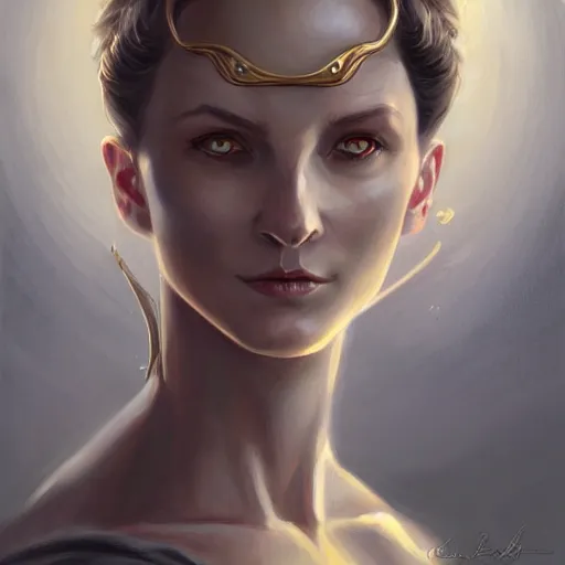 Image similar to a detailed matte head - on portrait painting of an middle - aged tiefling noblewoman with golden eyes and short well kept hair, by charlie bowater, lise deharme, wlop, tending on arstation, dungeons and dragon, dnd, pathfinder, fanart, oil on canvas