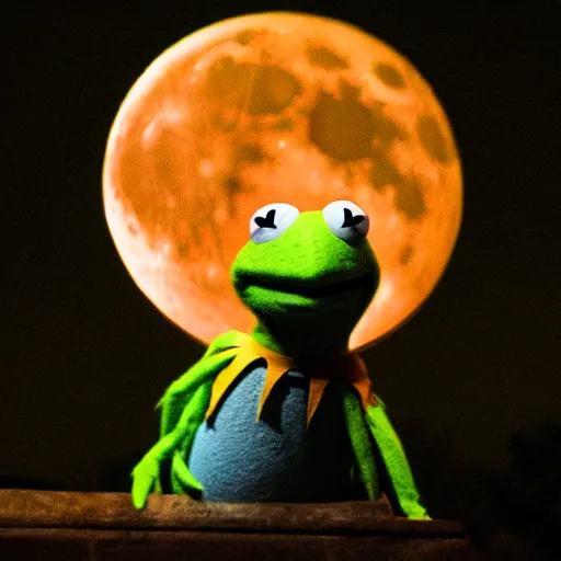 Prompt: kermit sad, full moon at night, photograph