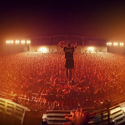 Image similar to photorealistic render of an old school hip hop concert taking place on a basketball court at night behind a large brick apartment from the view of a rapper that is standing on stage yelling into the mic looking out into a crowd of people dancing with their hands in the air, a dj with audio equipment at the back of the stage, octane render