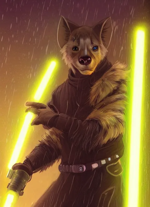 Prompt: beautiful portrait commission of a male furry anthro hyena fursona wearing jedi robes and wielding a yellow lightsaber in a cyberpunk city at night in the rain. character design by charlie bowater, ross tran, artgerm, and makoto shinkai, detailed, inked, western comic book art