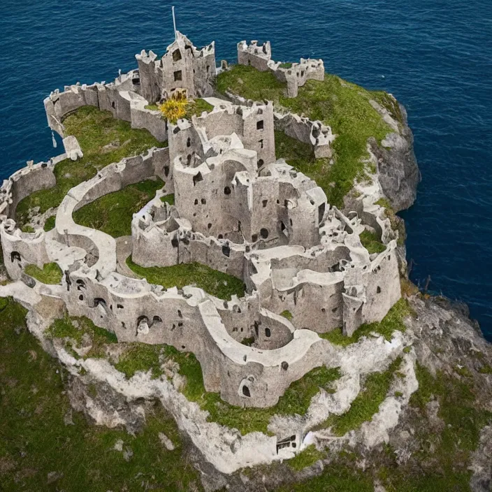 Image similar to aerial view of a punisher fortress from above on a hill by the ocean. castle shaped shaped exactly like the punisher symbol detailed