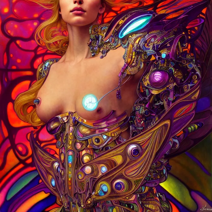 Image similar to bright psychedelic portrait of shiny organic cyborg, wings, diffuse lighting, fantasy, intricate, elegant, highly detailed, lifelike, photorealistic, digital painting, artstation, illustration, concept art, smooth, sharp focus, art by John Collier and Albert Aublet and Krenz Cushart and Artem Demura and Alphonse Mucha