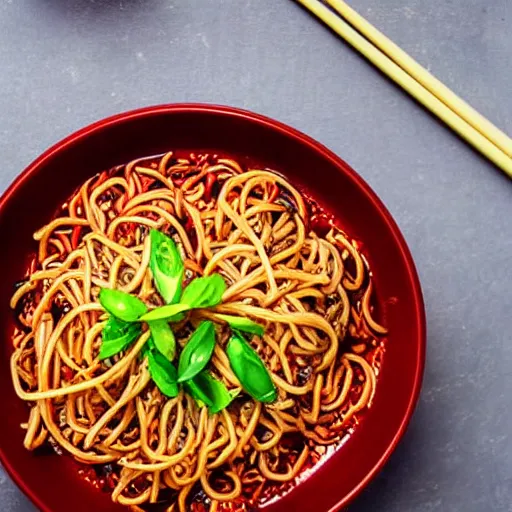 Image similar to a very very yummy and spicy looking bowl of sichuan dandan noodles