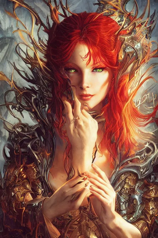 Image similar to young redhead Spellcaster on their knees worshiping spell book, S&D dark fantasy style, sharp focus, ultra detailed, art by Artgerm and Peter Andrew Jones, Karol Bak, Ayami Kojima, Amano and Olivier Ledroit