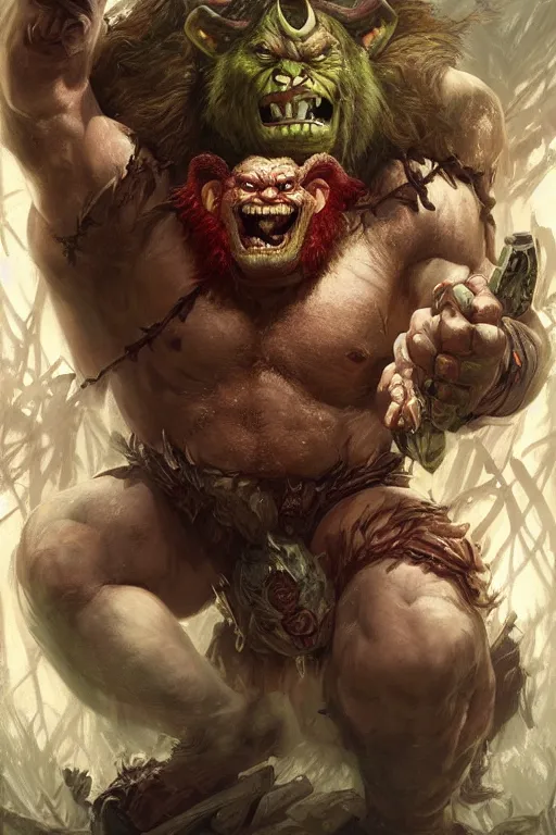 Image similar to portrait of mark zuckerberg as a hulking herculean demon orc bugbear clown, godlike, upper body, fantasy, intricate, elegant, highly detailed, digital painting, artstation, concept art, sharp focus, illustration, art by artgerm and greg rutkowski and alphonse mucha