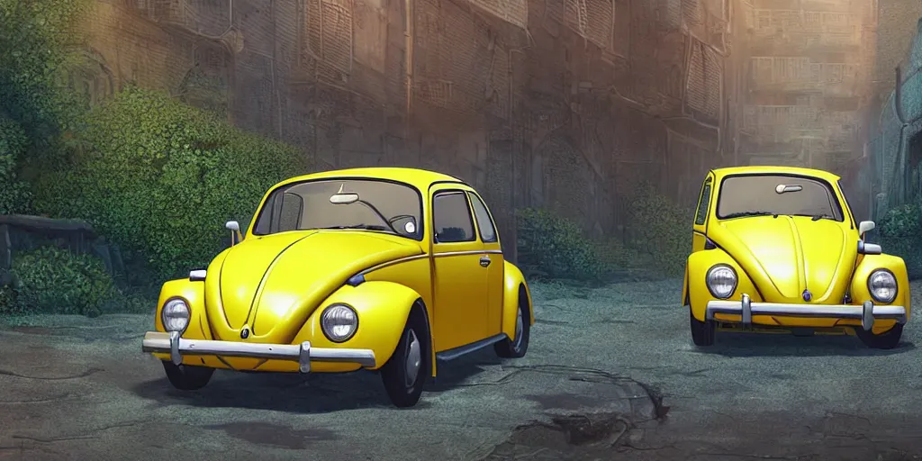 Image similar to a wholesome animation key shot of a focused old yellow beetle Volkswagen car parked in an abandoned alleyway, medium shot, waist up, studio Ghibli, Pixar and Disney animation, sharp, very detailed, high resolution, Rendered in Unreal Engine 5, anime key art by Greg Rutkowski, Bloom, dramatic lighting