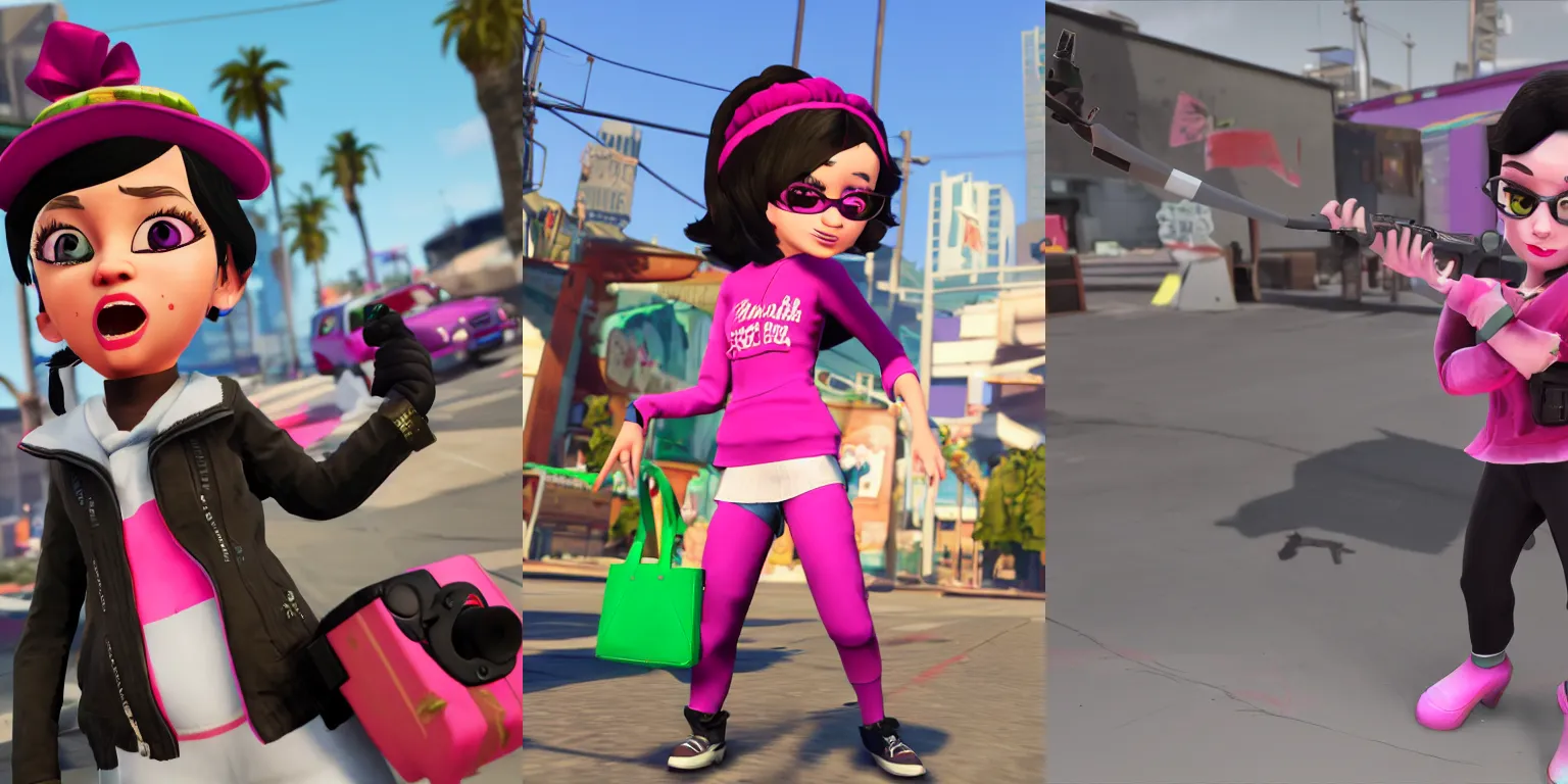 Prompt: Vanellope von Schweetz commiting a Heist in GTA Online. In game capture. 3D Render