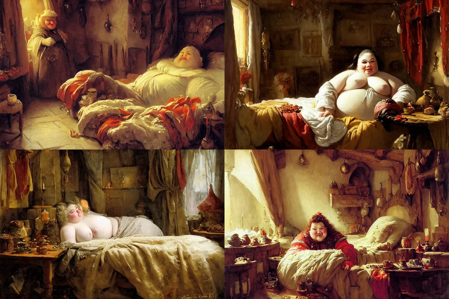 Prompt: a chubby dwarven woman in her cozy stone bedroom at night, snowing outside, warm beautiful scene, comfortable atmosphere, cozy bed, johan grenier, hyacinthe rigaud