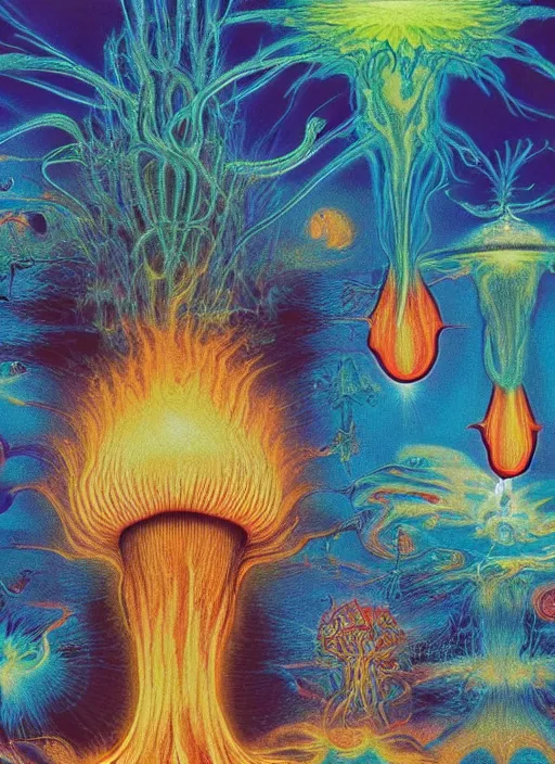 Image similar to 8 0 s new age album cover depicting a nuclear mushroom cloud in the shape of guy fieri, very peaceful mood, oil on canvas by ernst haeckel, by wayne thiebaud, cinestill with red halation