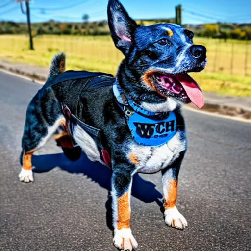 Image similar to blue heeler dog on a motorcycle, 8 k photography, blurred background of a wafflehouse