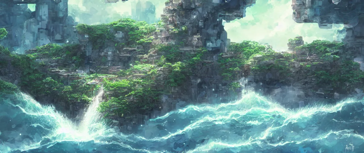 Image similar to a small crumbling island in space with waterfalls, studio ghibli, digital art, detailed, depth of field