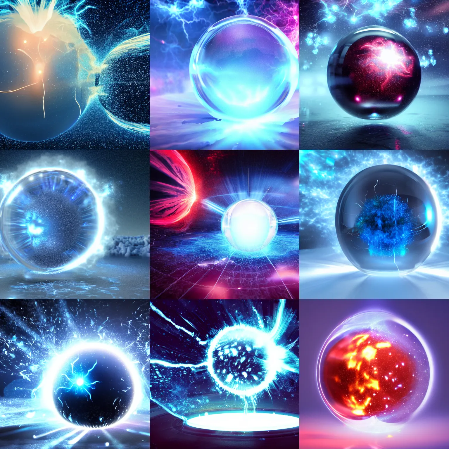 Prompt: Blowing Supernova inside glass sphere on ice, 4k, HD, octane render, artstation, volumetric lightning, ultra detailed, realistic reflections