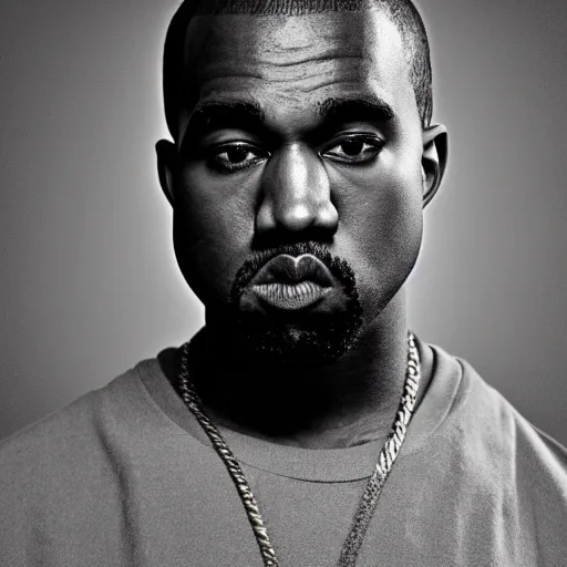 Image similar to the face of young kanye west wearing yeezy clothing at 3 2 years old, black and white portrait by julia cameron, chiaroscuro lighting, shallow depth of field, 8 0 mm, f 1. 8