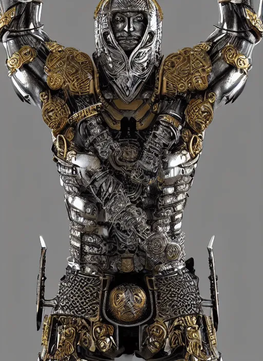 Image similar to hyper realistic glorious ancient celtic god in a obsidian metal armor, futuristic design, designed by makoto kobayashi and luca zampriolo, portrait, cyberpunk style, wood and gold details, intricate, extremely detailed, ornate, deep of field, hard surface, exoskeleton, substance designer metal unreal engine. amazing likeness. very detailed.