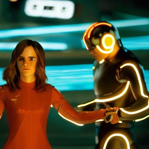 Prompt: movie still of emma watson in tron : legacy ( 2 0 1 0 )