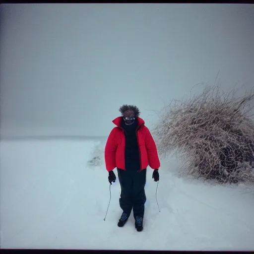 Image similar to photo, old black man wandering in the snow, moncler jacket, ski goggles, wild unkempt hair, mischevious grin, portrait, cold color temperature, snow storm. hazy atmosphere. humidity haze. kodak ektachrome, greenish expired film, award winning, low contrast