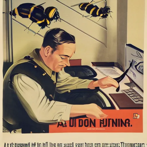 Image similar to a man sleeping at a computer is stung by a bumblebee, ww 2 allied propaganda poster, no text, highly detailed