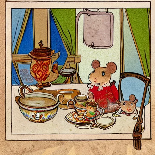 Prompt: russian mouse drinks tea from samovar with her little children, children book illustration, 9 k