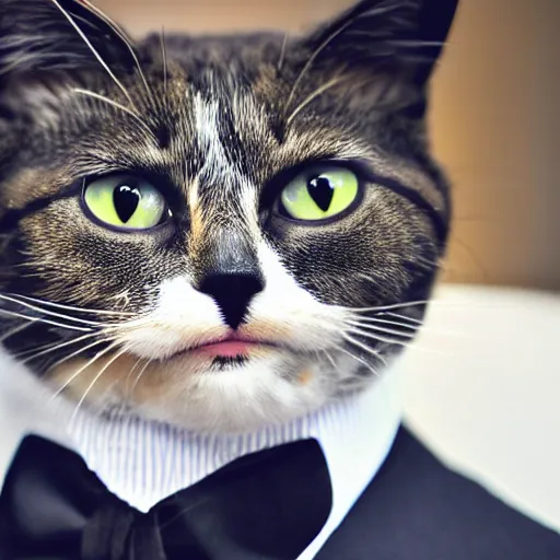 Prompt: a cat wearing a business costume