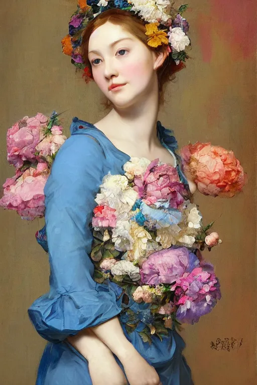 Prompt: a painting of a woman in a blue dress with a floral pattern, a colorful flowery character portrait by ruan jia, cgsociety, rococo, ilya kuvshinov, made of flowers, pre - raphaelite