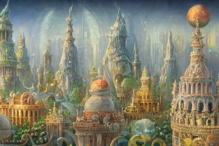 Image similar to Detailed render of Fantasy City built from White Domes by Michael Whelan and Benjamin Lacombe and Megan Duncanson, super details, colorful, ornate background, intricate details