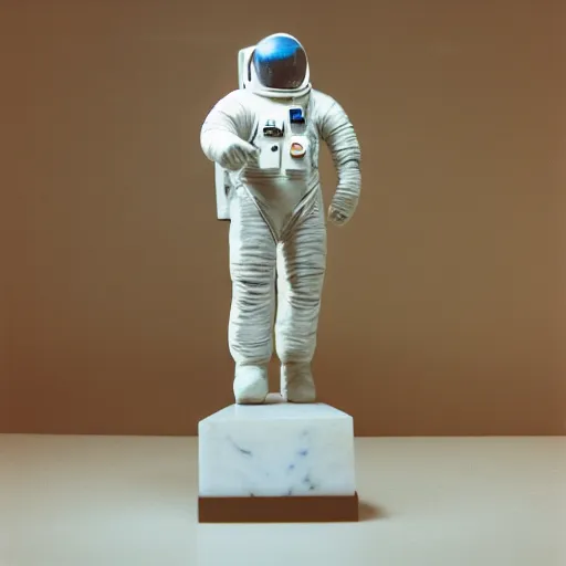 Image similar to Studio photography of a marble sculpture astronaut with light grey background, 35mm shot on color film photography