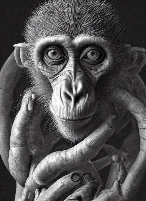 Image similar to portrait of a monkey with translucent skin, visible muscles and veins and arteries and bones and spines and nerves, beautiful detailed intricate insanely detailed octane render, 8 k artistic photography, photorealistic, chiaroscuro, by david cronenberg, raphael, caravaggio