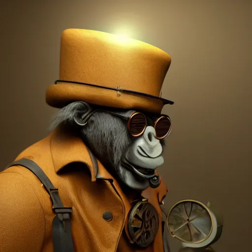 Prompt: Ultra-detailed cinematic 3d of steampunk ape, steampunk hat, steampunk glasses, detective coat, by kazuhiko nakamura, Trending on art station, 8k, octane render, high quality, volumetric lighting