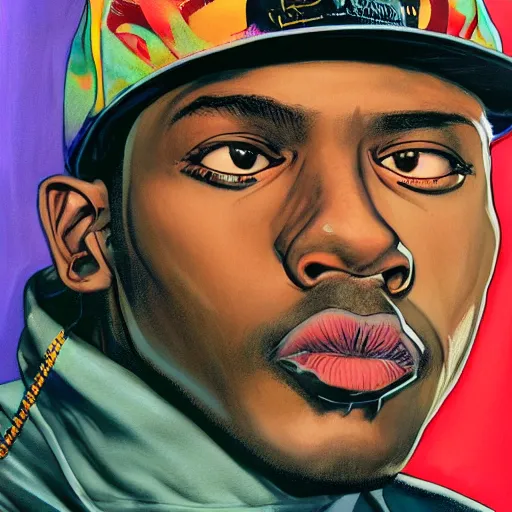 Prompt: detailed photorealistic pictures of 9 0 s hip hop cover album style from rapper two ballz called hustle on the buut in the style of bob peak and alex ross, gouache and wash paints color, detailed facial and body and human environments and background and foreground and small details and big details proportionate, detailed 5 k details, detailed string text.