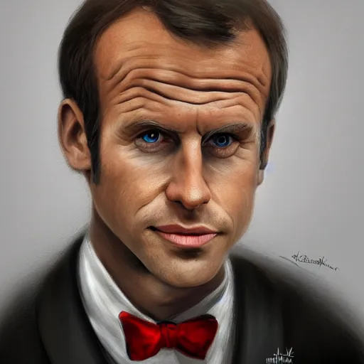 Prompt: portait of macron head caricature, artgem, digital painting, color painting, hyperrealistic, concept art, oil painting, masterpiece, concept art, trending on deviantart, realistic and detailed face, highly detailed, high quality, 8 k, soft lighting, fancy colors, fantasy, cinematic, high coherence