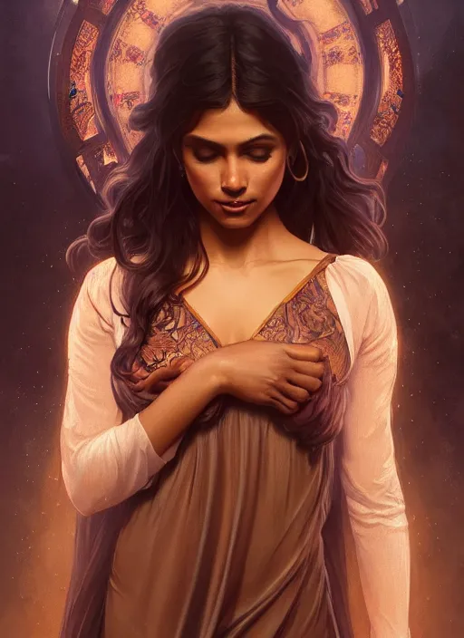 Image similar to cute brown woman wearing a transparent night gown, fantasy, intricate, highly detailed, digital painting, artstation, concept art, wallpaper, smooth, sharp focus, illustration, art by artgerm and greg rutkowski and alphonse mucha