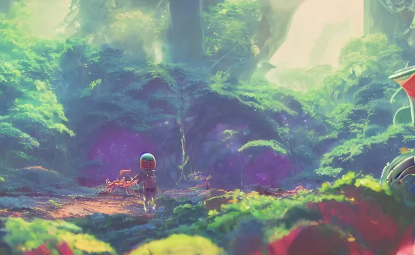 Image similar to a still of a cute adorable tiny astronaut, on a planet of lush colorful foliage, with an enormous kaiju dragon in the background, magical forest, sharp focus, neon backlit, highly detailed, disney pixar studio ghibli makoto shinkai, digital painting, matte, octane render, global illumination, iridescent, anime, 8 k concept art