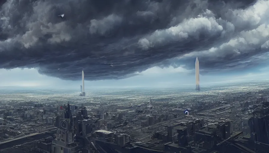 Image similar to wide view of missiles about to hit washington dc, cloudy sky, hyperdetailed, artstation, cgsociety, 8 k