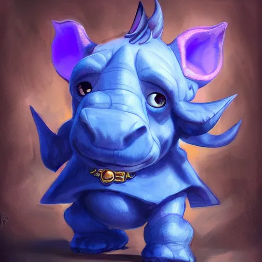 Prompt: An adorable little blue rhino wearing purple wizards clothing, concept art by Justin Gerard, trending on artstation,
