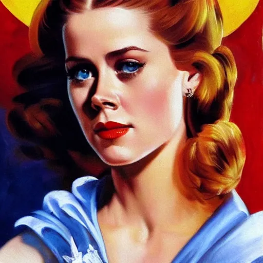 Image similar to ultra realistic portrait painting of amy adams in soviet russian propaganda, art by frank frazetta, 4 k, ultra realistic, highly detailed, epic lighting