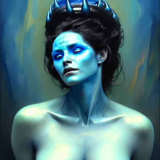 Prompt: A portrait of an alien woman with blue skin and horns embracing a human man, romance novel cover, face, fantasy, intricate, elegant, highly detailed, digital painting, artstation, concept art, smooth, sharp focus, illustration, art by Krenz Cushart and Artem Demura and alphonse mucha