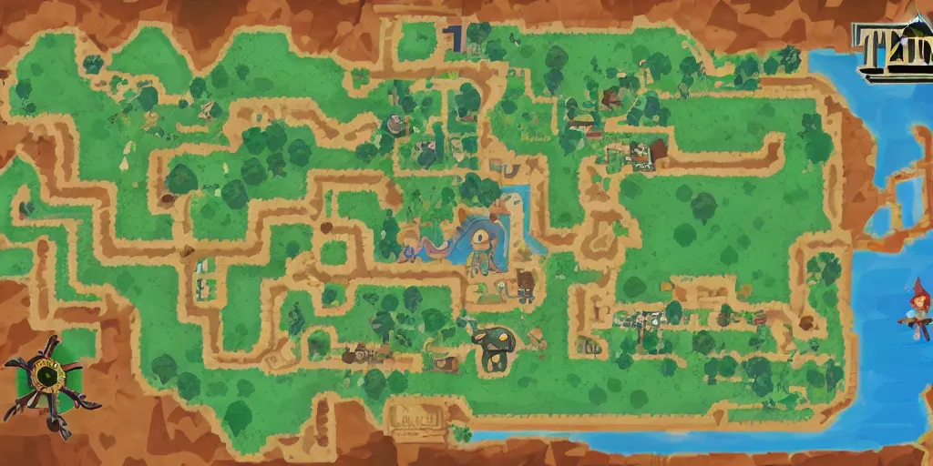 Prompt: tunic the video game map in the style of animal crossing meets legend of zelda breath of the wild