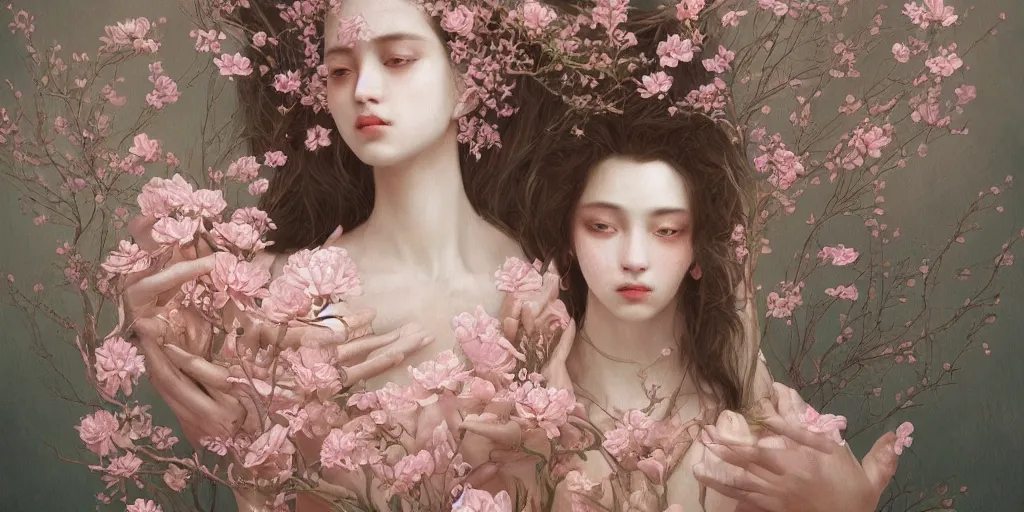 Image similar to breathtaking detailed weird concept art painting of few goddesses of light pink flowers, orthodox saint, with anxious, piercing eyes, ornate background, amalgamation of leaves and flowers, by Hsiao-Ron Cheng, extremely moody lighting, 8K